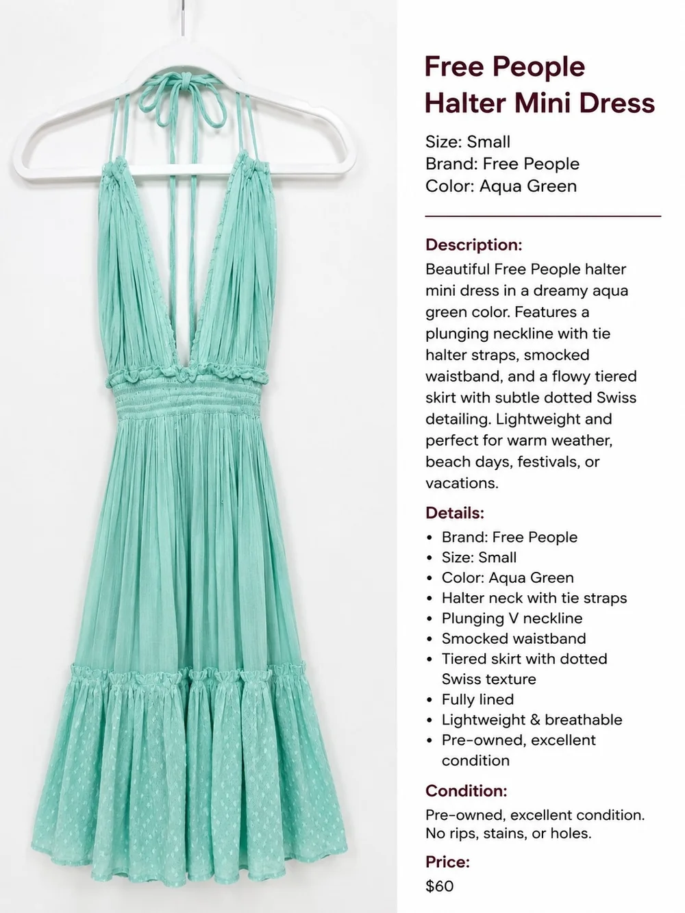 Free People Aqua Green Tie-Halter Tiered Mini Dress - Picture 1 of 1